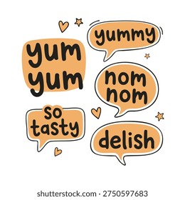 Cute hand drawn food speech bubble stickers with fun phrases like yum yum, nom nom, one more bite and bite me. Cartoon style food typography for restaurant menus, fast food packaging and social media design.