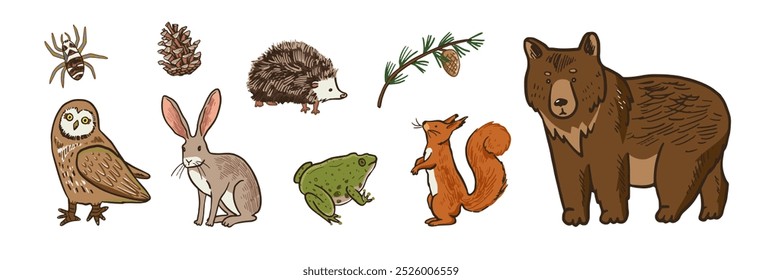 Cute hand drawn forest animals set. Vector illustration in cartoon style.