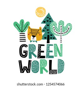 Cute hand drawn forest and bear. Hand drawn GREEN WORLD lettering.