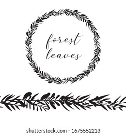 Cute hand drawn forest leaves and branch endless brush. Traditional leaves in ink, doodle style for wedding decoration and arrangements.