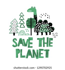 Cute hand drawn forest. Hand drawn SAVE THE PLANET lettering.