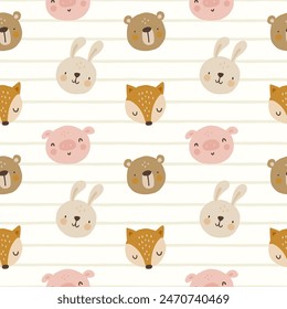 Cute hand drawn fox, hare, brown teddy bear face, pig on a stripes beige texture, kids fabrics seamless pattern design