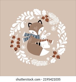 Cute hand drawn fox and rabbit in winter wreath. Vector illustration. Perfect for textile, wallpaper or print design.