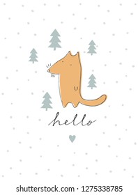 Cute Hand Drawn Fox Vector Illustration. Lovely Infantile Style Nursery Art. Ginger Fox Standing Among Green Trees. White Doted Background. Handwritten Hello Text with Green Litlle Heart Below.