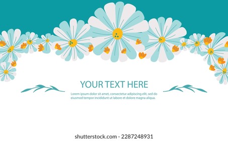 Cute hand drawn frame of flowers. Decorative element with light blue flowers on green background for printing invitations, letters or greeting cards.