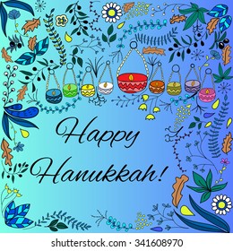 Cute hand drawn frame with hanukkah greetings. Doodle style menorah.
