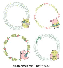 Cute hand drawn frames with cartoon owls