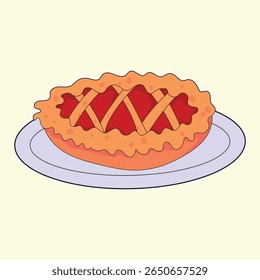Cute hand drawn fruit pie dessert in cartoon style, great for Thanksgiving, autumn harvest menus, festive bakery designs, food packaging, cozy kitchen art, recipe illustrations, and holiday
