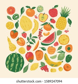 Cute hand drawn fruits collection. Nature doodles set. Watermelon, apple, orange, pineapple, lime, peach, mango, kiwi, kaki fruit slices illustration. Summer elements isolated on light background.