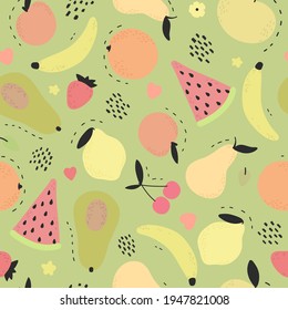 Cute hand drawn fruits seamless pattern on green backround. Summer bright color texture. Pear, avocado, watermelon, lemon, banana, peach, orange, apple. Vector illustration