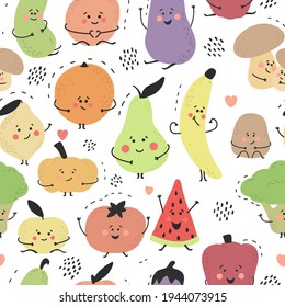 Cute hand drawn fruits and vegetables. Cartoon doodle style. Funny characters. Colorful summer print. Orange, banana, potato, pear, watermelon, cucumber, lemon, mushrooms. Vector seamless pattern.