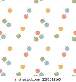 Cute hand drawn fruity seamless vector pattern. Kawaii background with colorful apples for kids room decor, nursery art, packaging, apparel, gift, print, wrapping paper, textile, fabric, wallpaper.