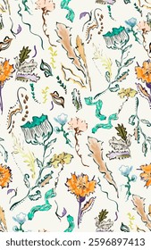 Cute hand drawn fun brush style flowers, leaves, embellishments, playful whimsical floral design, cheerful background, repeat pattern, surface design, for fashion, texture, fabric, wrapping, decor.