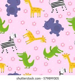 Cute hand drawn funny African animals. Seamless pattern