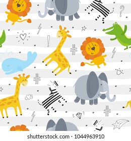 Cute hand drawn funny animals. Seamless pattern.