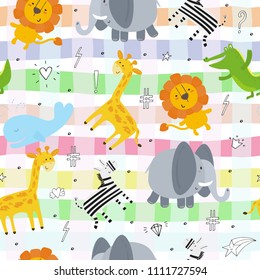 Cute hand drawn funny animals. Seamless pattern.