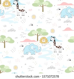 Cute hand drawn funny animals. Seamless pattern.