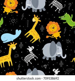 Cute hand drawn funny animals. Seamless pattern