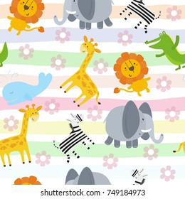 Cute hand drawn funny animals. Seamless pattern