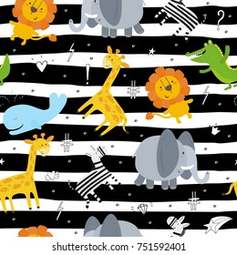 Cute hand drawn funny animals. Seamless pattern