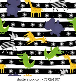Cute hand drawn funny animals. Seamless pattern.