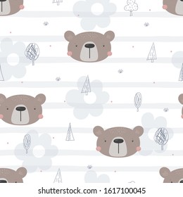 Cute hand drawn funny bear. Seamless pattern.