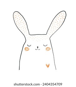 Cute Hand Drawn Funny Bunny Vector Illustration. Lovely Nursery Art with Lovely Rabbit and Orange Heart Isolated on a White Background. Easter Holidays Print. Kids Room Decoration. RGB.