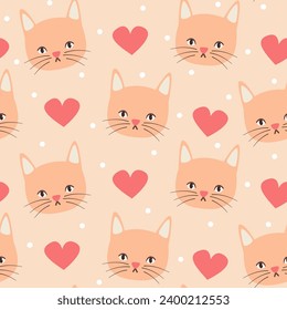 cute hand drawn funny cartoon character cat face seamless vector pattern background illustration with heart and dots