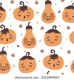 cute hand drawn funny cartoon character pumpkins halloween and thanksgiving seamless vector pattern background illustration for fall holidays