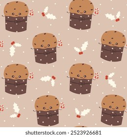 Cute hand drawn funny cartoon character Panettone traditional italian Christmas cake seamless vector pattern background illustration