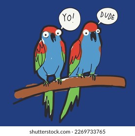Cute hand drawn funny love bird parrots t-shirt vector graphic artwork for kids fashion
