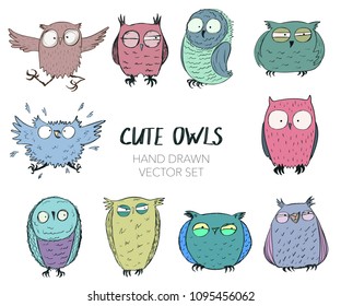 Cute hand drawn funny owls set. Different emotions  