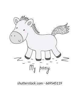 Cute hand drawn funny pony. vector print.