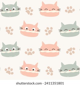 Cute hand drawn funny seamless vector pattern background illustration with pastel cartoon cat macarons and paws 