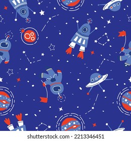 Cute hand drawn funny space elements astronaut all over print seamless pattern vector graphic artwork for fashion