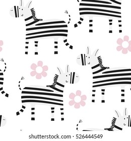 Cute hand drawn funny zebra. Seamless pattern