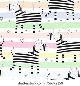 Cute hand drawn funny zebra Seamless pattern