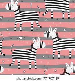 Cute hand drawn funny zebra Seamless pattern