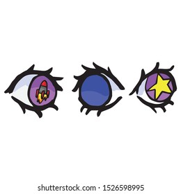 Cute hand drawn galaxy eye illustration. Space themed rocket eyeball clipart. 