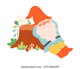 Cute hand drawn garden gnome sleeping near stump. Cartoon fairytale character. Garden elf. Flat vector illustration