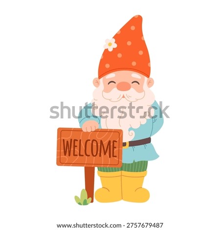 Cute hand drawn garden gnome. Cartoon fairytale character. Garden elf. Flat vector illustration