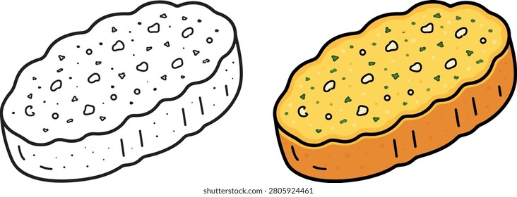 Cute hand drawn garlic bread icon set featuring black outline and full color versions with garlic pieces, herbs, and toasted bread.