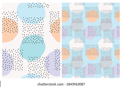 Cute Hand Drawn Geometric Seamless Vector Patterns with Brush Dots Isolated on a Beige and Pastel Blue Background. Funny Doodle Repeatable Print with Irregular Spots ideal for Fabric, Textile.