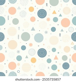 Cute hand drawn geometric shapes, circles and triangles  seamless pattern in soft pastel background. design for baby clothing, textile, fabric, apparel, wrapping and more. Vector Illustration