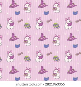Cute hand drawn ghost book lover seamless pattern featuring reading ghosts, stacked books, witch hats, and magical accessories. Ideal for book lovers, digital planners, scrapbooking, journals, fabric, stationery, and Halloween-themed creative projects.