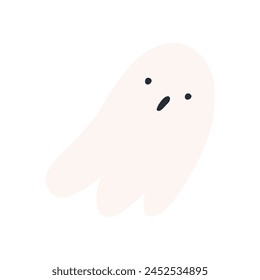 Cute hand drawn ghost, cartoon flat vector illustration isolated on white background. Spooky and creepy ghost flying. Halloween decoration element.