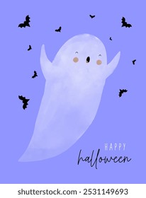 Cute Hand Drawn Ghost and Flying Bats. Little Ghost on a Violet Background. Halloween Card. Trick or Treat. Halloween Vector Illustration with Lovely White Ghost. RGB.