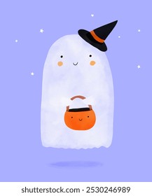 Bonito mão desenhada fantasma segurando cesta com doces. Little Ghost em um chapéu em um fundo violeta. Cartão de Dia das Bruxas. Truque ou Trate. Ilustração de vetor de Halloween com adorável fantasma branco. RGB