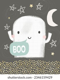 Cute hand drawn ghost printable card for halloween, kawaii character with moon and golden stars on a black background