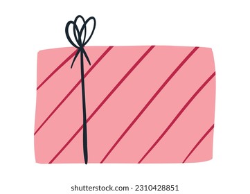 Cute hand drawn gift box with pink wrapping paper and bow, flat vector illustration isolated on white background. Present for baby shower, birthday party or Christmas holiday.